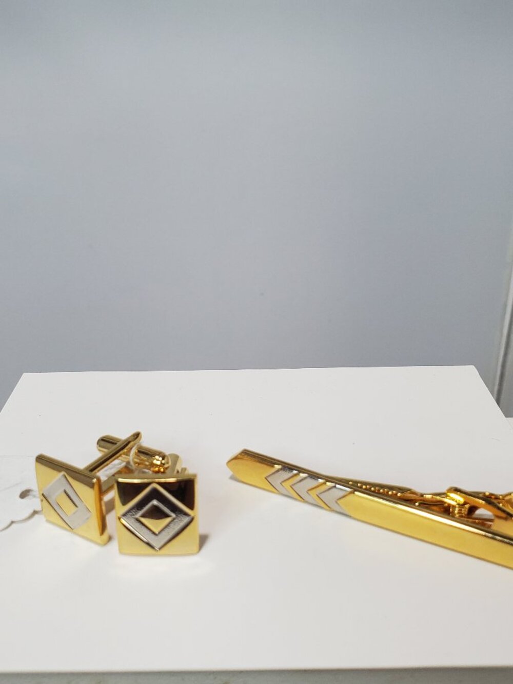 Vintage Gold & Silver-Tone Geometric 3-Piece Cufflink and Tie Clip Set - Picture 2 of 7